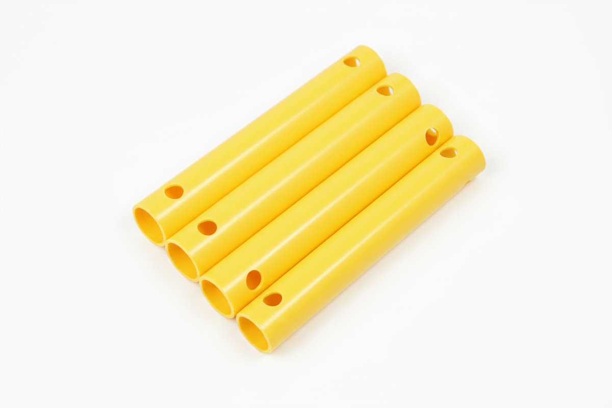 Four climbing frame tubes with pre-drilled holes, arranged diagonally on a clean white background.