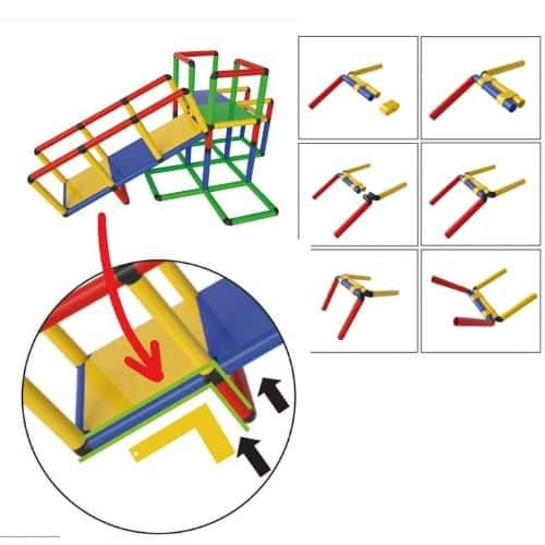 Illustration showing the use of duplex connectors with Funphix construction sets. Demonstrates how to build structures, including ramps and slides, using duplex connectors for construction.