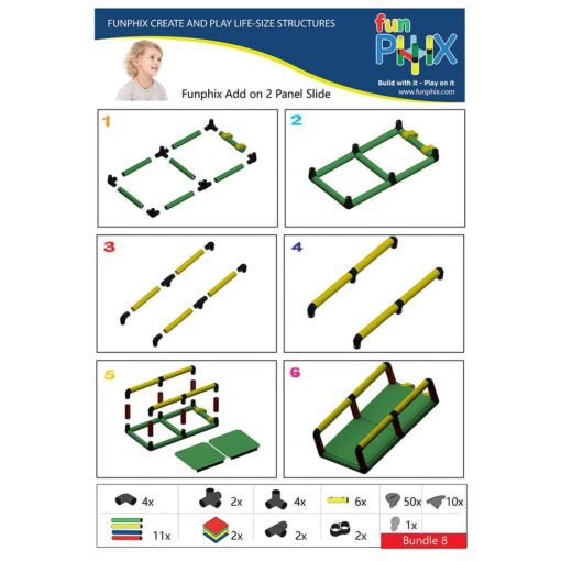 Instruction guide for Funphix Add on '2 Panel Slide' showing step-by-step assembly visuals and the included parts for easy building.