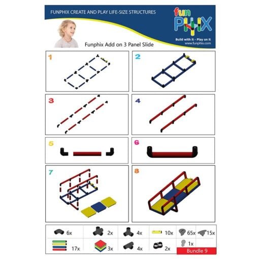Funphix Add on '3 Panel Slide' - Instruction guide depicting assembly steps for the creative play structure slide, promoting imaginative play.