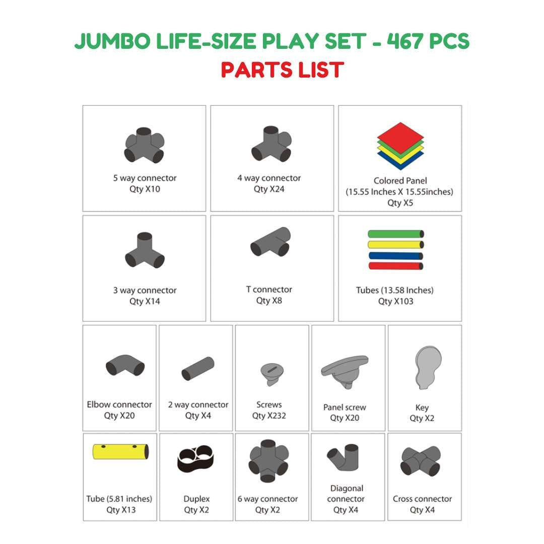 Detailed parts list for the Funphix UK Jumbo Kit featuring 467 pieces, including connectors and panels for various building possibilities.