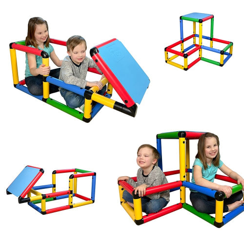 Two children playing together in a colorful Funphix Tiny Toddler Kit structure, showcasing the fun and creativity of STEM toys for toddlers by Funphix UK.