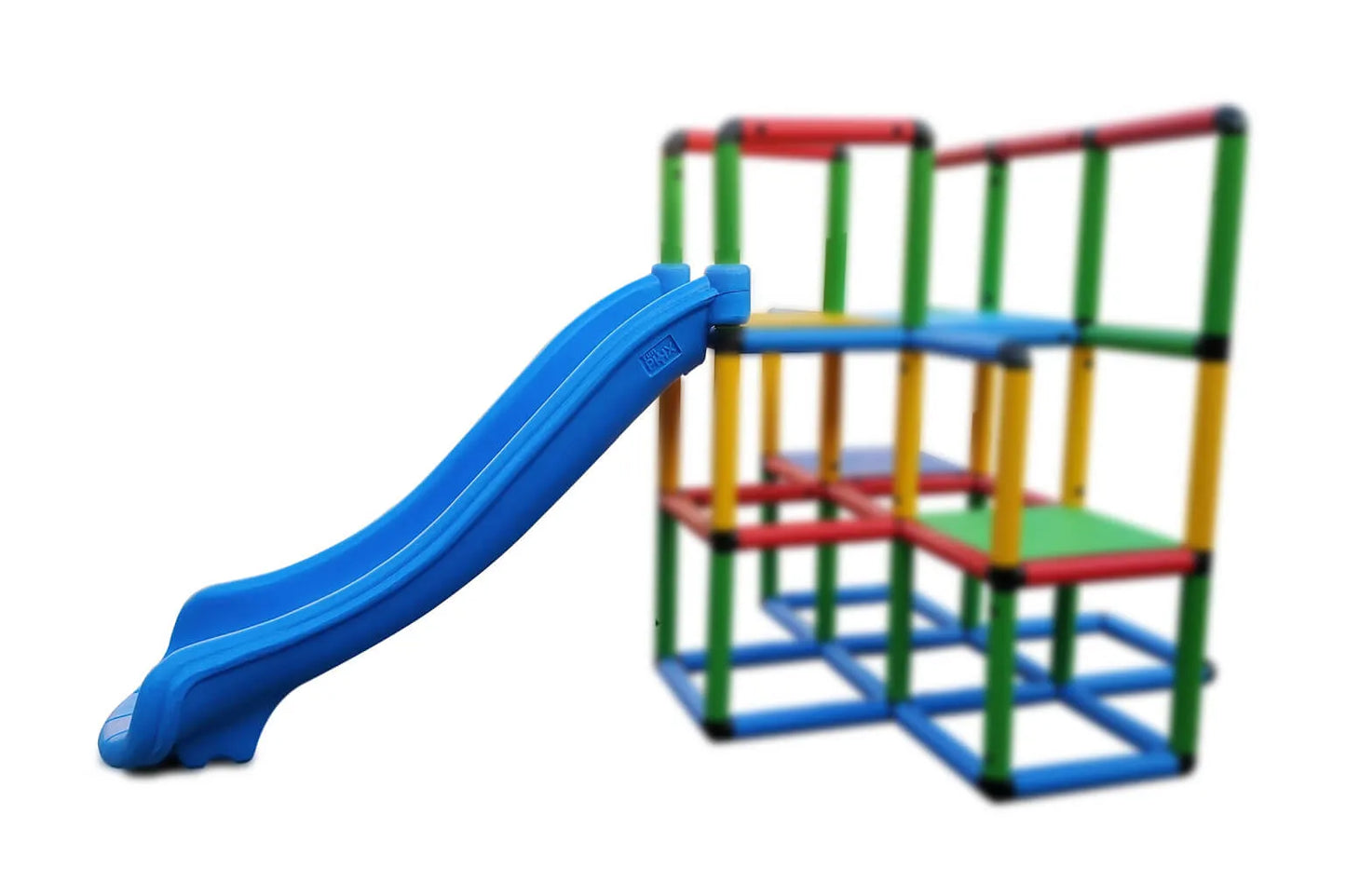 Funphix UK Slide attached to a multi-colored climbing frame, designed for fun and safety in children's playgrounds.