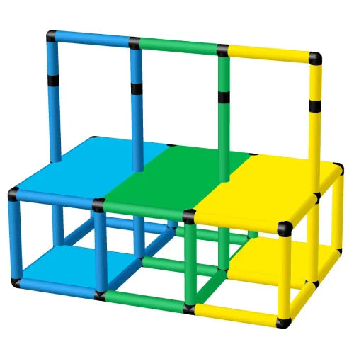 Colorful Funphix pool platform with middle railing in blue, green, and yellow, showcasing a versatile design for safety in pool play.