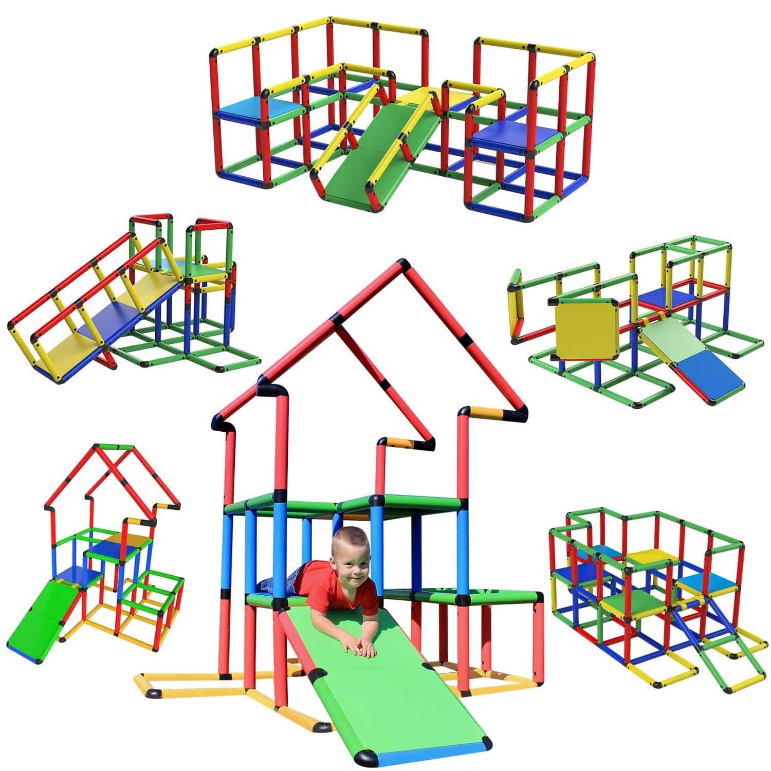Funphix children's climbing frame kits featuring various modular structures, including slides and ramps, for indoor and outdoor play.