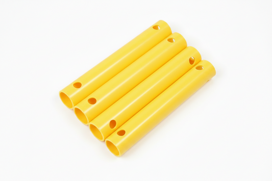 Four climbing frame tubes with pre-drilled holes, arranged diagonally on a clean white background.