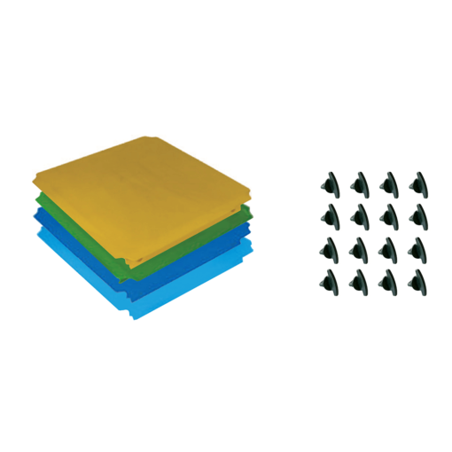Set of 4 colorful Funphix panels in yellow, green, blue, and turquoise, accompanied by panel screws. Ideal for creative building projects with Funphix.