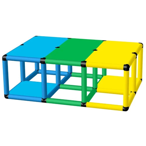Brightly coloured Funphix Wide Flat Pool Platform (Model FB-L125-W85-P45) featuring blue, green, yellow, and multi-functional sections, designed for poolside relaxation and stability.