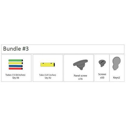 Detailed layout of Funphix bundle including tubes and screws, designed for children's construction toys, showcasing specifications and quantities.