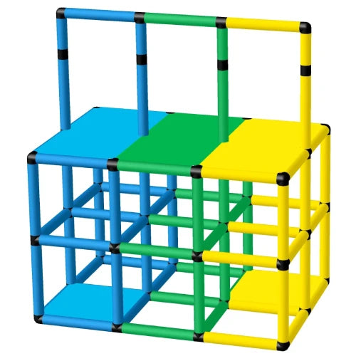 A colourful Funphix High Safety Rail Pool Platform featuring blue, green, and yellow sections, designed for maximum support and stability for swimmers, ideal for children and those needing assistance at the pool.