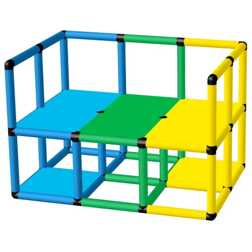 Colorful Funphix Wide Outer Railing Pool Platform featuring blue, green, and yellow components, designed for safety and fun in swimming pools.